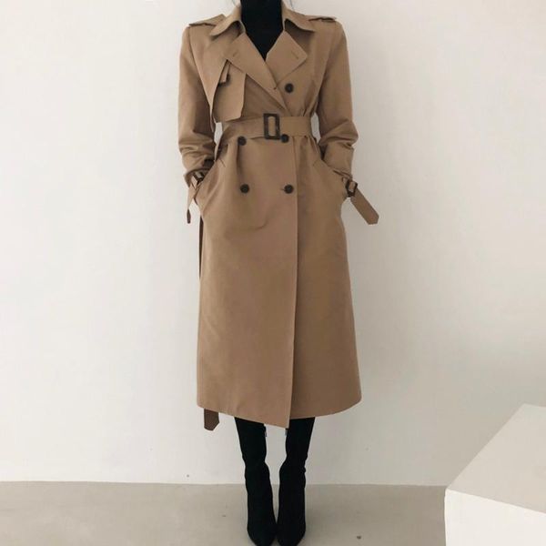 

autumn winter women woolen long coat with belt long sleeve double breasted ladies jacket outerwear casual casaco feminino, Tan;black