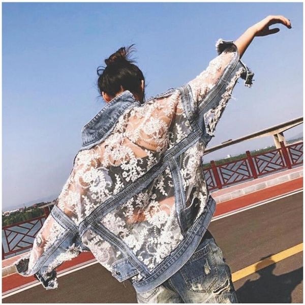 

temperament streetwear see through lace patchwork denim jacket 2021 autumn women stylish jean coat agex, Black;brown
