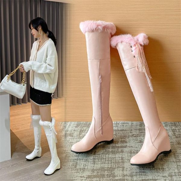 

boots pxelena women winter warm over the knee fur hidden wedge high heels snow shoes black white pink plus size 34-43