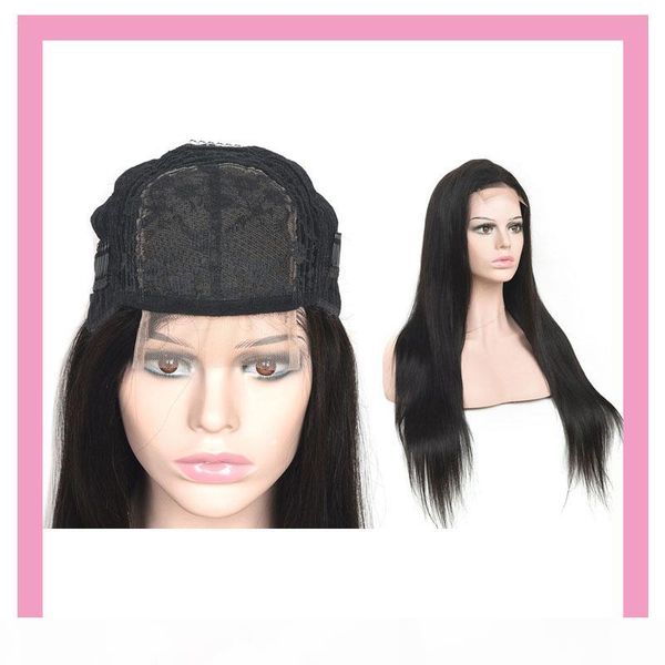 

natural color 4x4 lace closure wigs straight deep wave body peruvian human hair products four by four closure wig with baby hair lace wigs, Black;brown