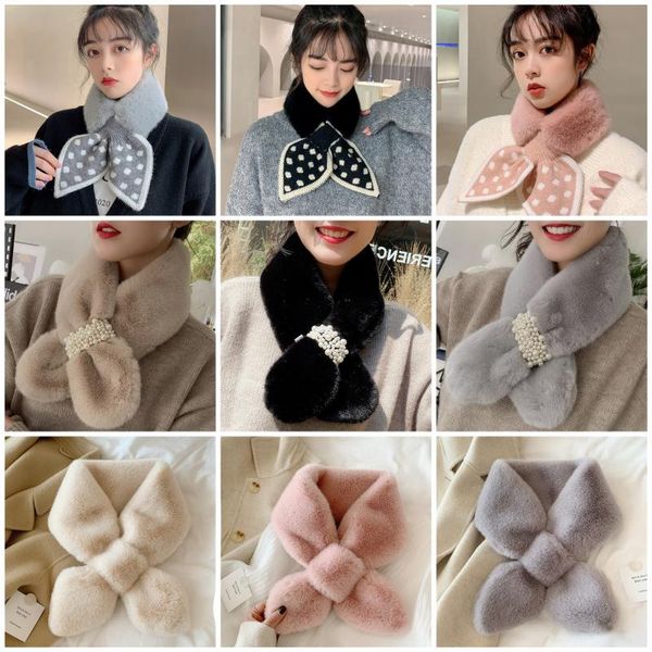 

hats, scarves & gloves sets plush scarf warm bib lovely bow collar tie korean imitation hair fashion women's pearl accessories, Blue;gray