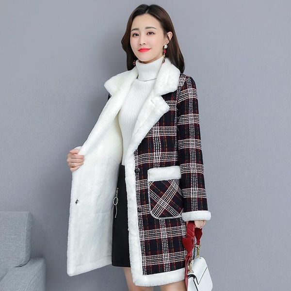 

women's wool & blends womens coats winter plus thick velvet long woolen coat loose warm plaid cotton, Black
