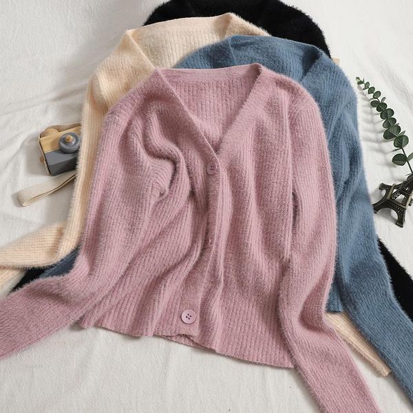 

women's knits & tees knitted cardigan cropped sweater long sleeve loose coat casual button up solid female ribbed ropa mujer office lad, White