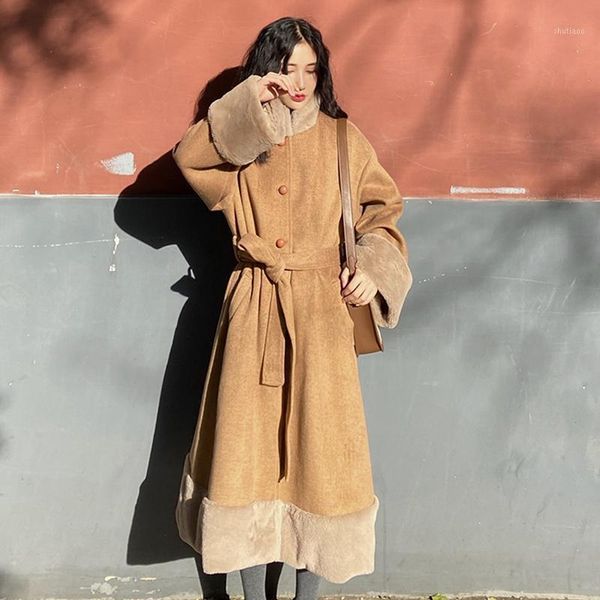 

women's wool & blends winter furry mid-length khaki simple fashiontemperament doll collar waist woolen coat aaammm888, Black