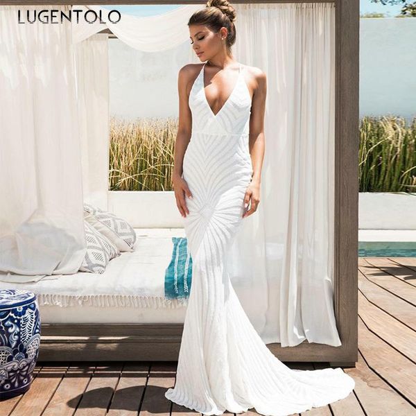 

casual dresses lugentolo sequin dress women party spaghetti strap backless v-neck shiny slim female maxi, Black;gray