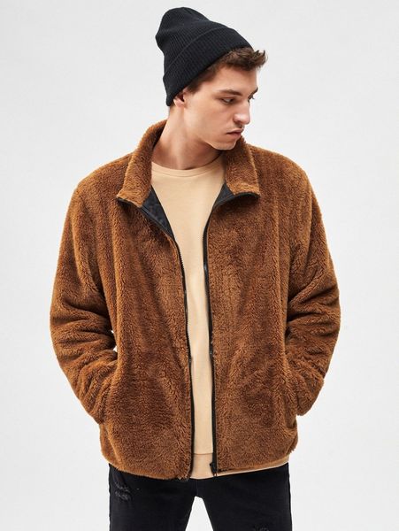 

men zipper front teddy jacket 72bh#, Black;brown