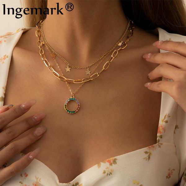 

pendant necklaces vintage tassel star circle choker necklace for women fashion multilayer chain bling rhinestone party jewelry girl gifts, Silver