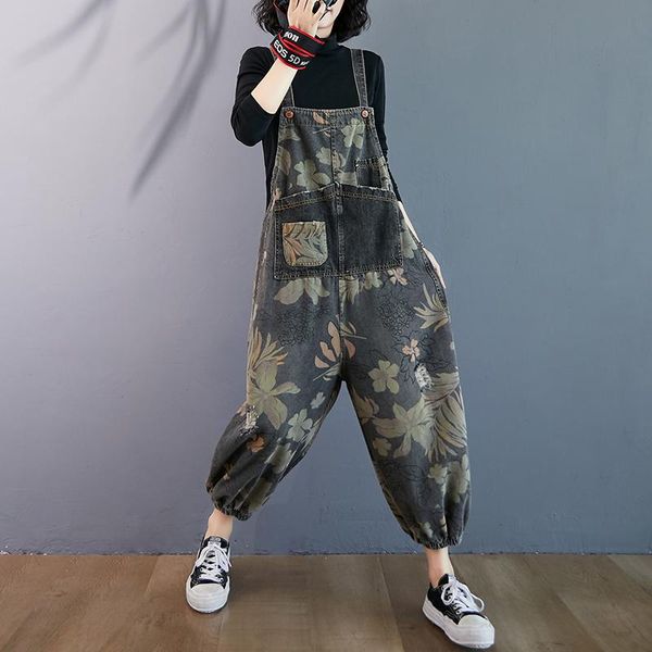 

women fashion botanical floral jumpsuit spring casual cowboy suspenders playsuits pocket long jeans pants denim overalls rompers, Black;white