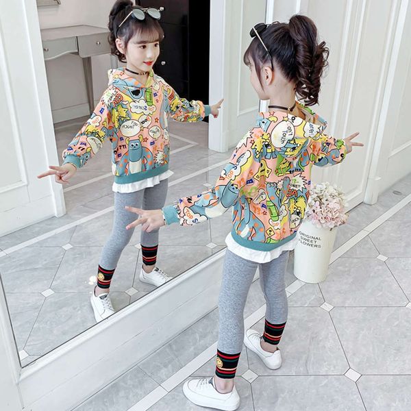 

2020 girls' sports autumn leisure cartoon printing set 2-piece cotton children's suit, White