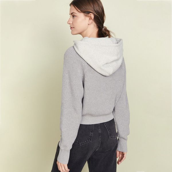 

2021 new hooded patchwork gray sweater women autumn winter long sleeve thick solid pullover casual vintage simple sweaters mw76, Black