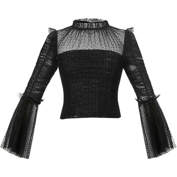 

2021 new black mesh perspective long sleeve women spring vintage stand collar polka dot blouses womens oerk, White