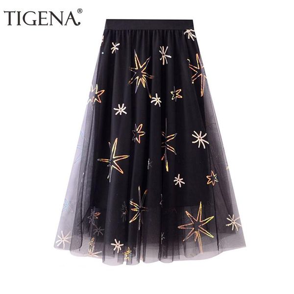 

skirts tigena long maxi tulle skirt women fashion 2021 spring summer korean cute sequin stars high waist pleated female ladies, Black