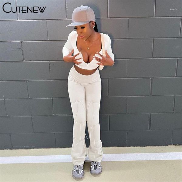 

women's two piece pants cute fashion casual set women outfit long sleeve zipper crop skinny wide leg autumn lady sport streetwear, White