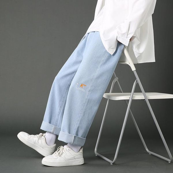 

men's jeans straight and loose korean fashion young men autumn style oversize pants street skateboard casual man, Blue