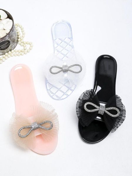 

slippers low butterfly-knot pu basic hoof heels rubber fabric, Black