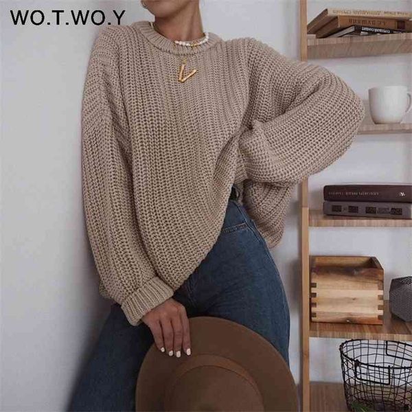 

wotwoy elegant autumn oversized sweater women solid loose knitted sweaters long sleeve pullover female jumper cashmere 210907, White;black