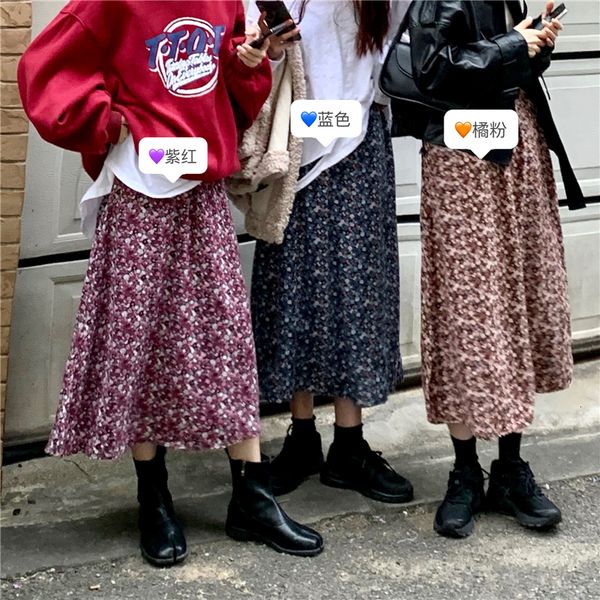 

new 2021 elegant print a-line spring women streetwear elastic waist midi skirt tvad, Black