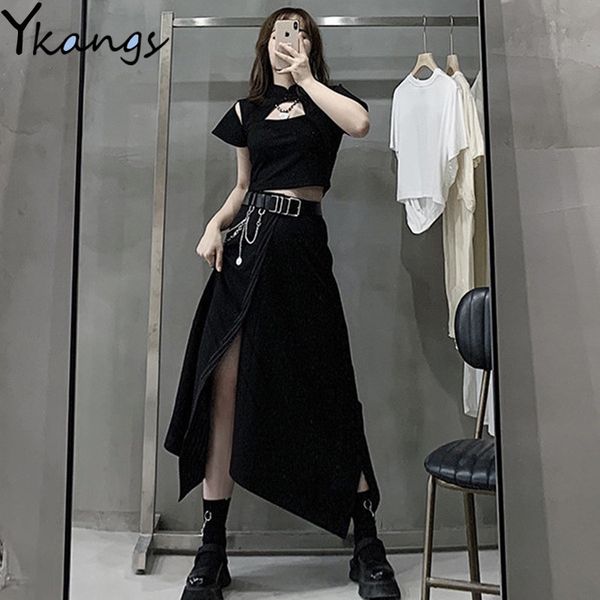 

2021 harajuku punk stripe split skirts women high waist splicing irregular gothic skirt korean style black fashion streetwear soky