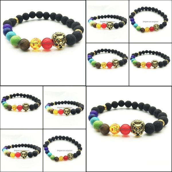 

bracelets lava stone lion tiger handmade men chakra bracelet beads natural jewelry 7 corlor beaded, strands drop delivery 2021 usfxi, Black