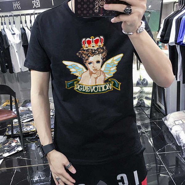 

w2067 embroidered crown angel cupid short t-shirt, White;black