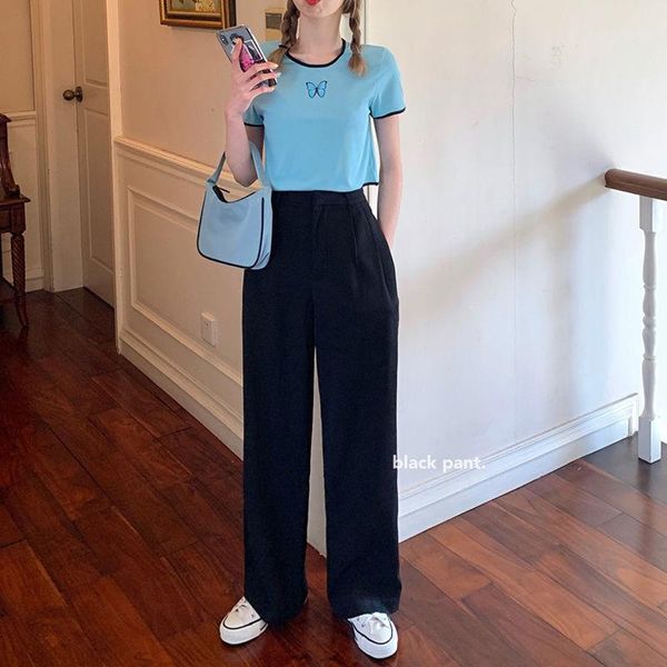 

women's pants & capris 2021 spring korean female fashion casual high waist wide leg women office lady elegant straight trousers l86, Black;white