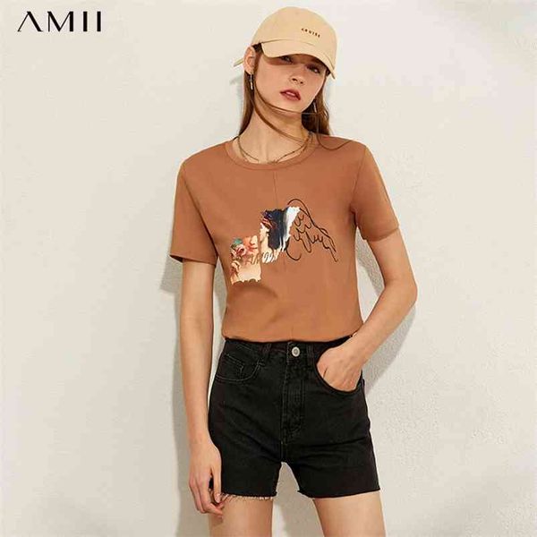 

amii minimalism spring summer cotton printed women tshirt fashion causal oneck loose female 12060040 210623, White