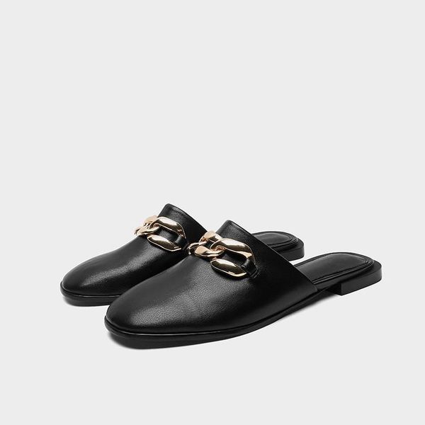 

slippers rivet shoes low cover toe flat slipers women slides 2021 basic pu scandals pvc hoof heels metal decoration retro, Black