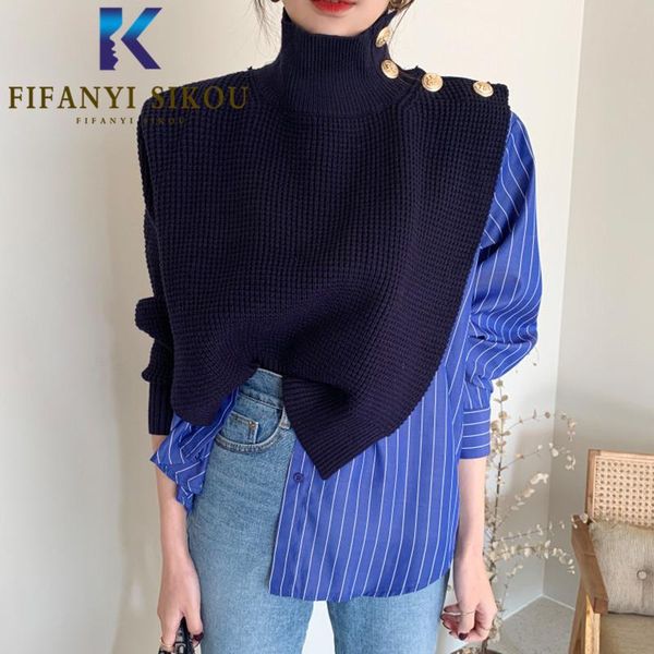

women's sweaters autumn women turtleneck knitted sweater fashion stripe spliced long sleeve pullover female patchwork loose jumpers, White;black