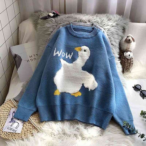

plus size cartoon goose print knitted sweater women sweet loose fashion casual korean o neck long sleeve oversize pullover pull, White;black