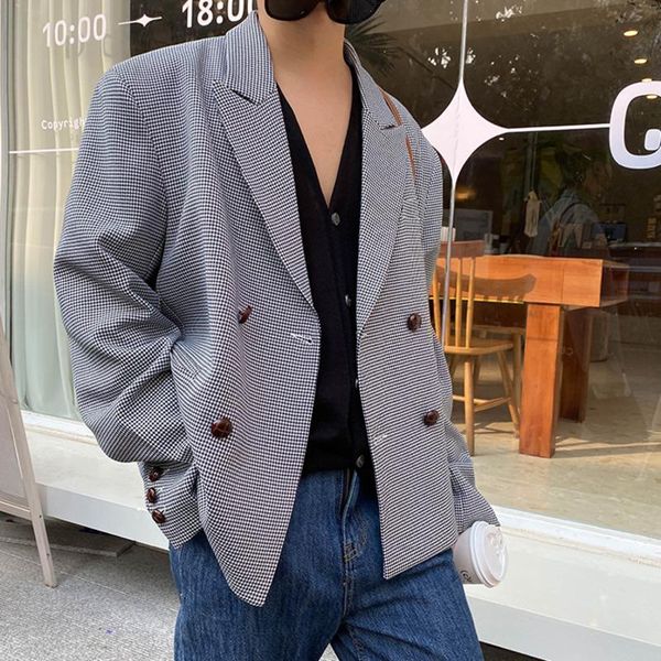 

men's suits & blazers wear tide koean casual suit coat for male 2021 autumn vintage plaid loose simple long sleeve big size, White;black