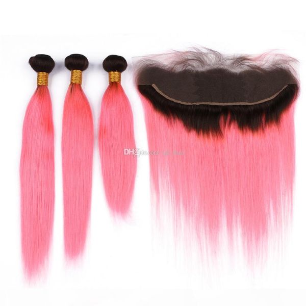 

dark roots ombre pink hair bundles with lace frontal malaysian silky straight 1b pink hair weaves with ear to ear full lace frontal, Black