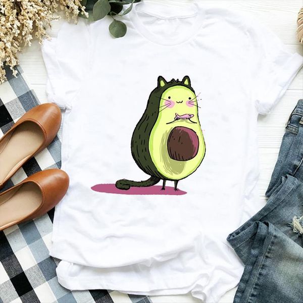 

cartoon avocado cat animal women t shirt funny trend tee clothes graphic, White