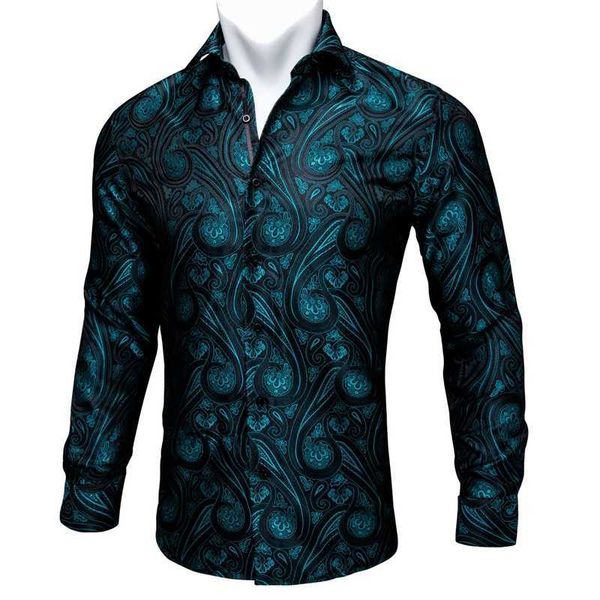 Barry.Wang Teal Paisley Floral Seidenhemden Männer Herbst Langarm Casual Blumenhemden für Männer Designer Fit Kleid Hemd BCY-05 201123