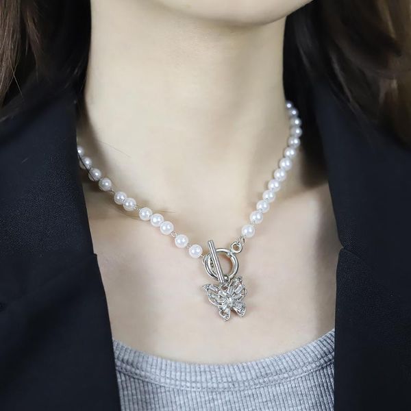 

pendant necklaces fashion lovely choker necklace pearl beads ot buckle butterfly women summer holiday gift women's punk neck chain, Silver