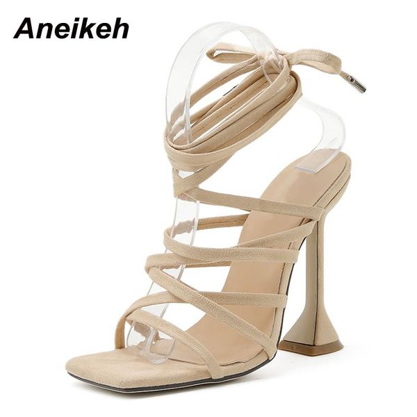 

sandals aneikeh 2021 summer women shoes fashion spike heels pu office gladiator solid narrow band concise lace-up black