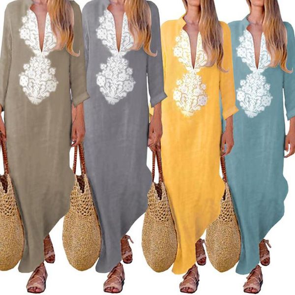 

casual dresses autumn long sleeve women maxi dress v neck lace linen for plus size s-3xl female, Black;gray