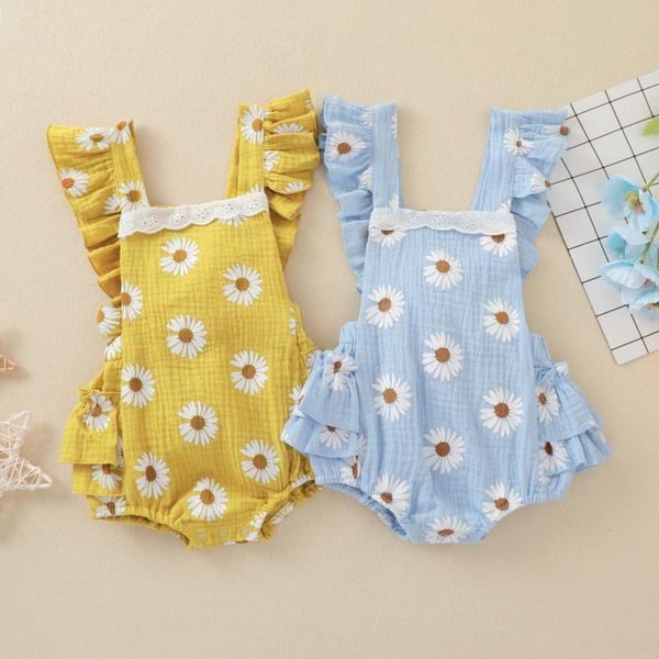 

rompers born baby girls cute daisy pattern romper sunsuit toddler summer ruffle sleeve square collar casual playsuit, Blue