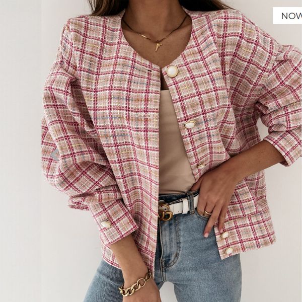

new women fashion plaid jackets coat 2021 spring elegant stand collar single-breasted cardigan outwear office ladies casual coats p8y6, Black;brown