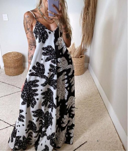 

casual dresses 2021 fashion women sleeveless v-neck summer ins style women's long floral print dress backless boho beach, Black;gray