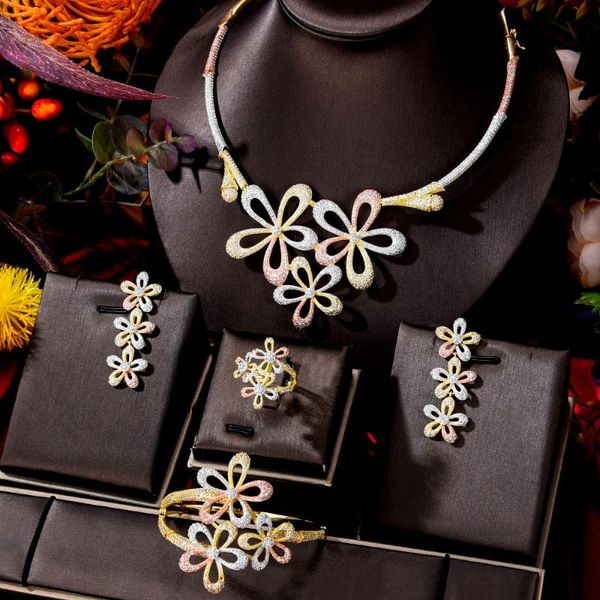 

earrings & necklace godki 4pcs luxury tricolor flowers jewelry set african for women wedding cubic zirconia dubai bridal 2021, Silver