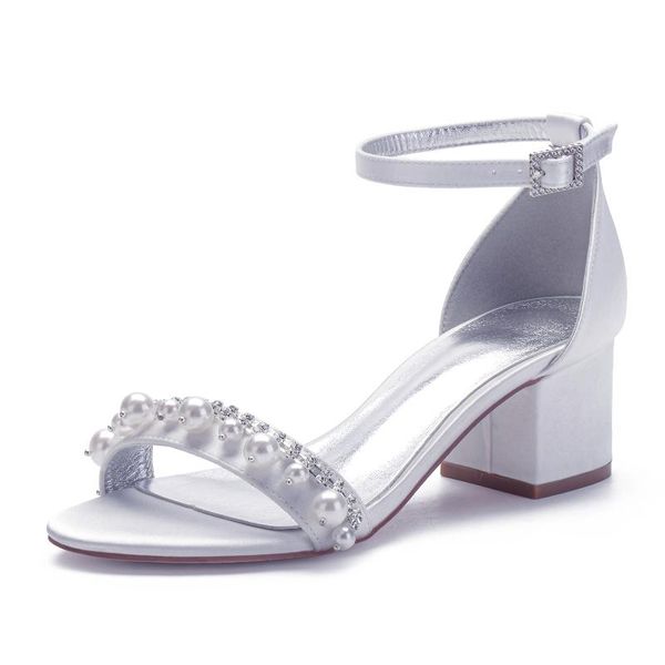 

mid heels satin pearl wedding sandals shoe for bride block heel open toe prom evening formal party dress sandals summer, Black