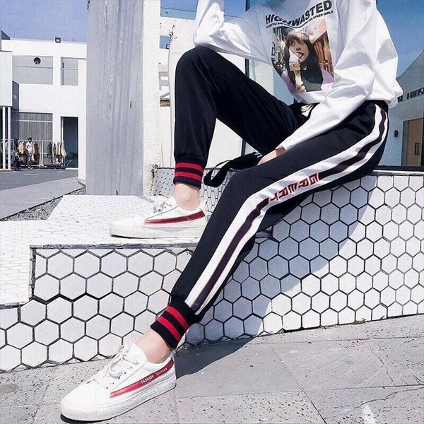 

casual running sweatpants side letter womens pants print sports trousers fitness loose harem plus size harajuku, Black;white