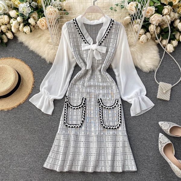 

2021 new korean streetwear women elegant plaid sweater autumn bow collar chiffon patchwork ruffle knitted es robe femme x17w, Black;gray