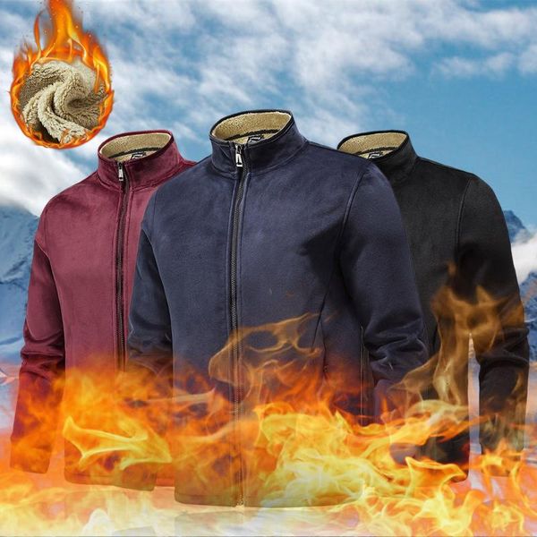 

men's jackets solid lamb cashmere plus velvet coat winter fleece casual jacket zipper stand collar with pockets, Black;brown