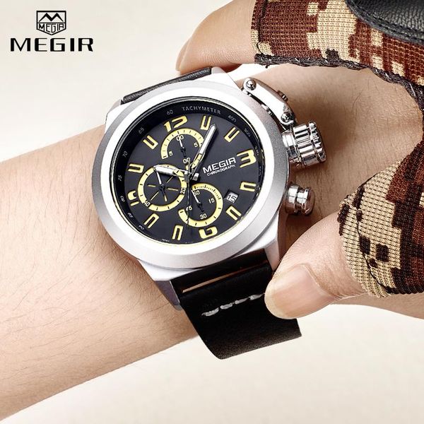 

wristwatches brand megir luxury mens watches big dial sports watch men chronograph military quartz waterproof man clock relogio masculin, Slivery;brown
