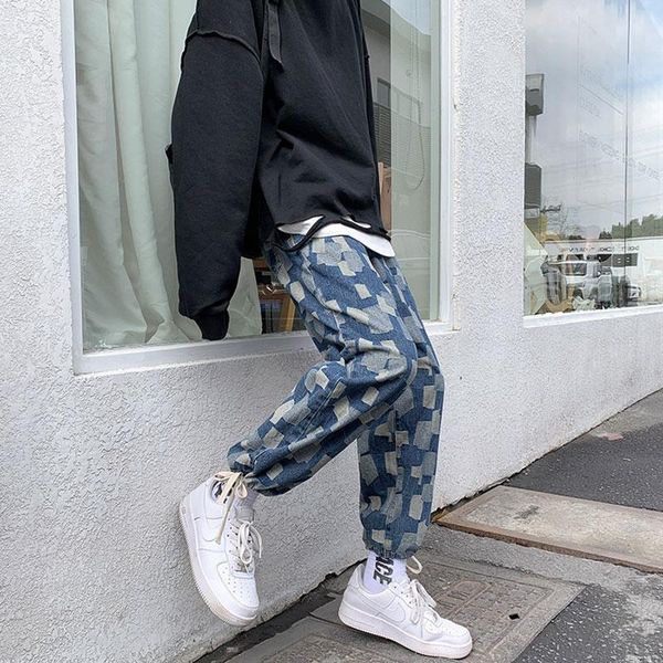 

men's jeans plaid trend korean loose straight-leg trendy brand wide-leg pants harajuku style, Blue