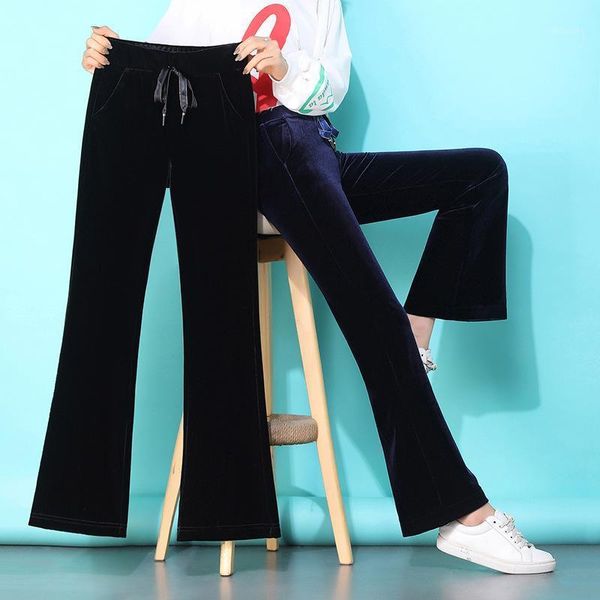 

women's pants & capris women high waist bell-botton velvet long trousers loose casual wide leg 6 sizes, Black;white
