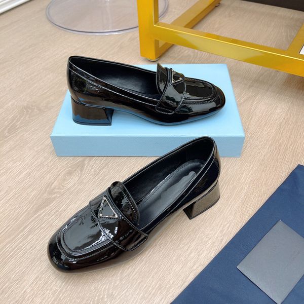 

triangle patent leather single shoes women's thick heels summer new niche square head middle heel soft outlets, Black