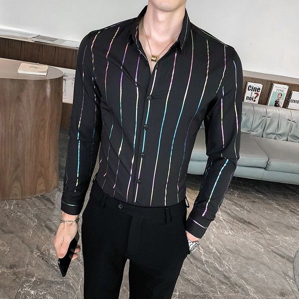 

2021 new korean clothes autumn mens raiow striped stamping slim camisa social masculina casual men shirt 1hex, White;black