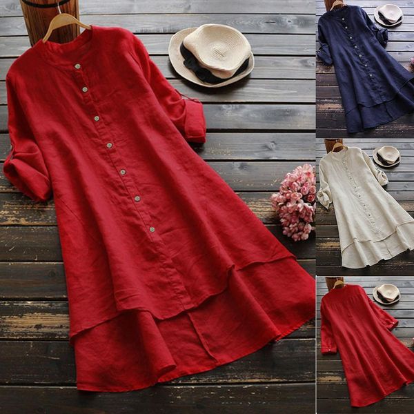 

plus size new women blouses autumn loose button long sleeve shirt dress blouse plus size casual solid line tunic top, White